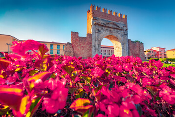 Colorful morning view of Arch of Augustus. Picturesque summer cityscape of Rimini town, Italy,...
