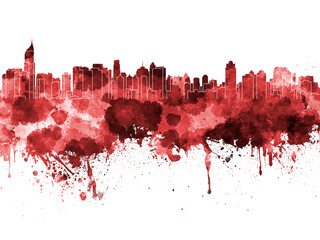 Jakarta skyline in red watercolor on white background