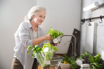 product delivery. healthy nutrition.  elderly womanwashes green salad in the kitchen at home....