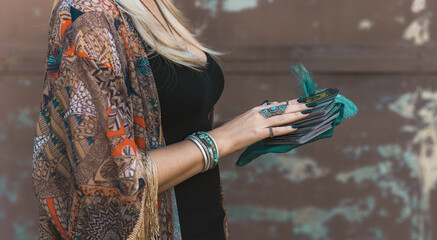 Boho lady in mystical atmosphere, esoteric concept, fortune telling and predictions	