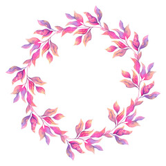Fototapeta na wymiar Wreath of twigs with multicolored leaves of pink and purple. Natural round frame, hand-painted in watercolor. Isolated on a white background.