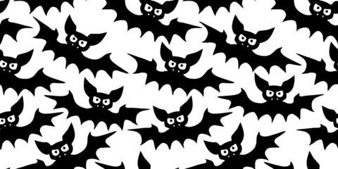 Flying bats seamless pattern. Cute Spooky vector Illustration. Halloween backgrounds and textures in flat cartoon gothic style. Black silhouettes animals on sky.