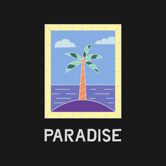 Paradise. Badge with sea and palm tree. Hand-drawn flat vector illustration.