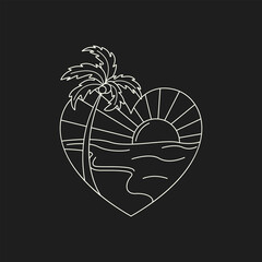 Badge with sea, sun and palm tree in the shape of a heart. Hand-drawn outline vector illustration.