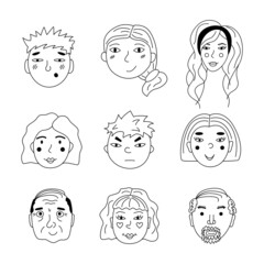 A set of people's faces in the style of duddle. Hand-drawn outline vector illustration.