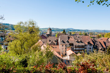 Laufenburg, Wasentor, Tor, Obere Wasengasse, Wasenturm, Wehrturm, Stadtturm, Altstadt, Altstadthäuser, Rhein, Rheinufer, Frühling, Schweiz