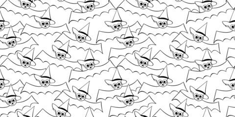 Vector seamless pattern with outline cute flying bats in witch hats. Halloween texture in cartoon doodle style, isolated