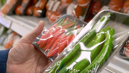 Buying food in a store or market, a man chooses a hot pepper for cooking a dish, holds a plastic package with red and green chili peppers in his hands, chooses to buy vegetables.