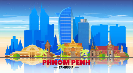 Phnom Penh (Cambodia) skyline on white background. Flat vector illustration. Business travel and tourism concept with modern buildings. Image for banner or website.