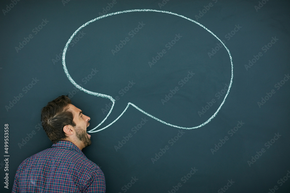 Poster im getting this off my chest. shot of a young man standing in front of a blackboard with a speech bu
