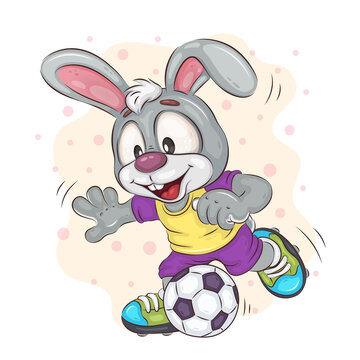 Cartoon Bunny Football Player. A colorful cartoon image of Bunny playing with a soccer ball. Positive and unique design. Children's illustration.