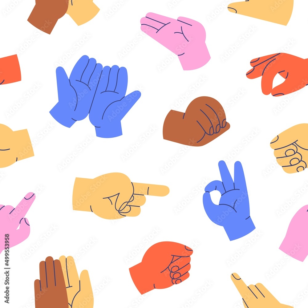 Poster seamless pattern with different hand gestures. endless background with diverse human arms, fingers, 
