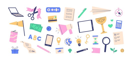 Different business items set. Paper document, phone, key, lightbulb, bank card, magnifying glass, megaphone, money and hourglass. Objects bundle. Flat vector illustrations isolated on white background