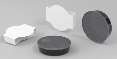 Black plastic food container and white paper label in different angle view, 3d render. Round styrofoam jar with transparent lid and blank wrap, isolated on grey background. Mockup for packaging design
