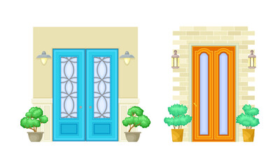 Set of house entrance facade. Porches with closed doors and potted plants vector illustration