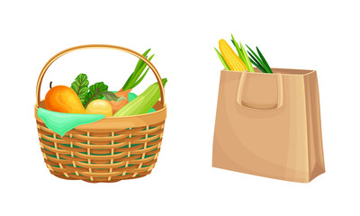 Zero waste durable and reusable products set. Wicker basket and eco paper grocery bag with vegetables cartoon vector illustration