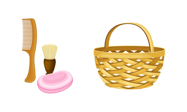 Zero Waste Durable And Reusable Products Set. Shaving Brush, Wicker Basket, Soap And Comb Cartoon Vector Illustration