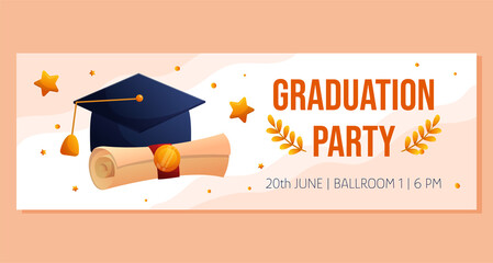 Graduation party horizontal banner with cap with tassels and scrip. Vector layout template. Degree ceremony invite. Student greeting design.