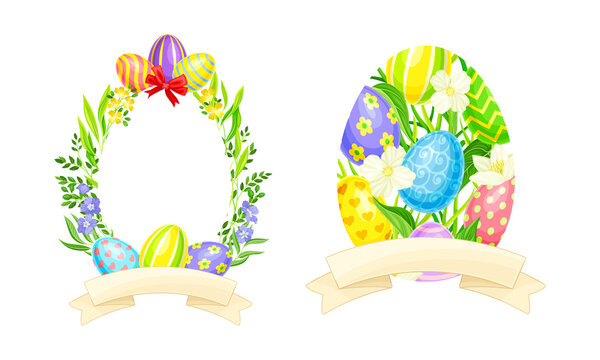 Happy Easter set. Easter greeting card element with festive colorful painted eggs cartoon vector illustration