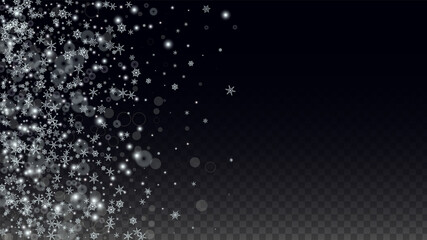 Christmas Vector Background with Falling Snowflakes Isolated on Transparent Background. Realistic Snow Sparkle Pattern. Snowfall Overlay Print. Winter Sky. Realistic Snow. Happy Christmas, New Year.