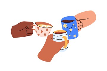 Fototapeta Cheers with tea and coffee cups. Hands with mugs with non-alcohol drinks. Diverse friends gathering, celebrating holiday, holding teacups. Flat graphic vector illustration isolated on white background obraz