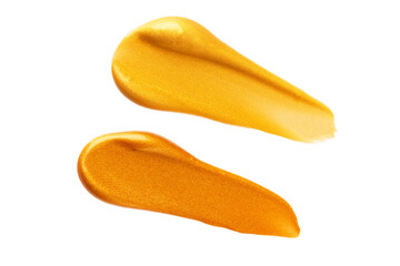 Abstract golden and bronze glitter beauty smear isolated on white background. Cosmetic or paint product.