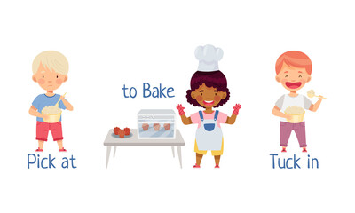 Cute little children cooking in the kitchen. Pick at, bake, tuck in action verbs for kids education cartoon vector illustration