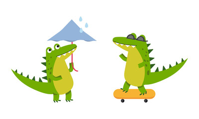 Funny friendly crocodile in everyday activities set. Cute green croc character skateboarding and walking with umbrella cartoon vector illustration