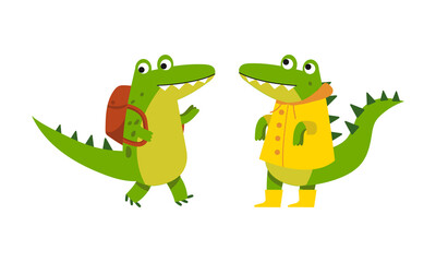 Funny friendly crocodile character in everyday activities set cartoon vector illustration
