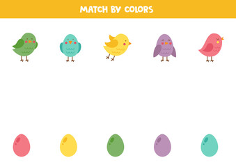 Color matching game for preschool kids. Match birds and eggs by colors.