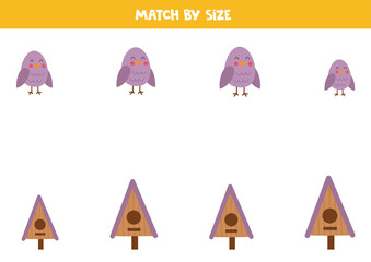 Matching game for preschool kids. Match birds and birdhouses by size.