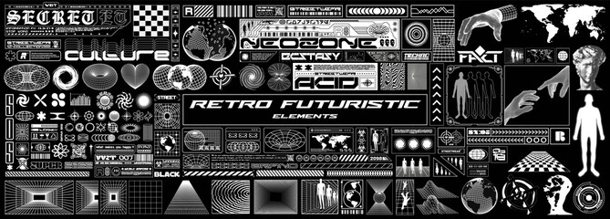 Big collection of retro futuristic elements for design. Abstract set of frames, 3d shapes, wireframe, cyberpunk windows and perspective grids. Blanks for a poster, banner, business card, sticker - obrazy, fototapety, plakaty
