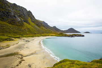 Autumn landscape and beach in Lofoten Islands, Northern Norway