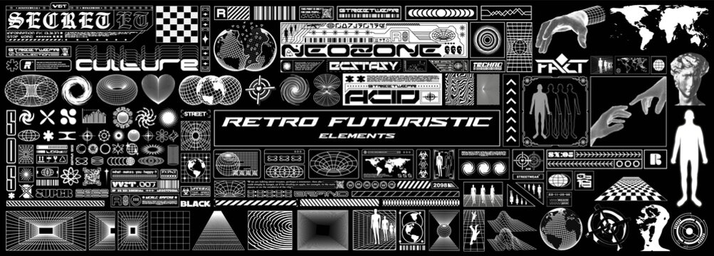 Big collection of retro futuristic elements for design. Abstract set of frames, 3d shapes, wireframe, cyberpunk windows and perspective grids. Blanks for a poster, banner, business card, sticker