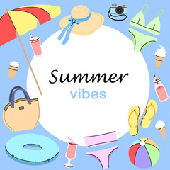 Set of cute summer vector icons in flat style, swimsuit, ice cream, cocktail, circle, flip-flops, camera, beach umbrella, bag, bikini, ball, hat. Collection of scrapbooking elements for beach party.
