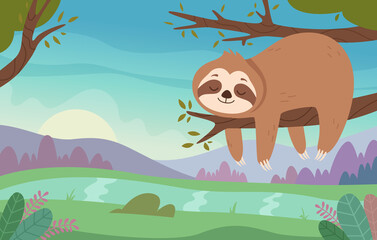 Funny sloths. Cute wild lazy animals relaxing or sleeping on branches sloths hugging exact vector cartoon colored background © ONYXprj