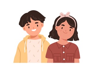 Happy girl and boy friends. Face portrait of two Asian kids. Children couple. Primary school classmates, young students. Flat vector illustration of schoolkids pair isolated on white background