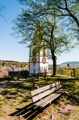 Laufenburg, Schlossberg, Kirche, St. Johann, Aussichtspunkt, Altstadt, Rhein, Rheinufer, Frühling, Holzbank, Schweiz