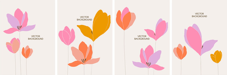 Set of vector abstract universal backgrounds templates in minimal style with flowers.