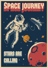 Space poster. Vintage postcard with outdoor mars exploration on flying rocket shuttle exact vector templates with place for text © ONYXprj