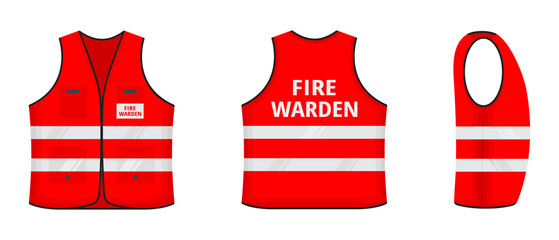 Safety reflective vest with label FIRE WARDEN tag flat style design vector illustration set. Red fluorescent security safety work jacket with reflective stripes. Front and back view uniform vest.