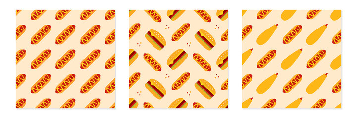 Set, collection of three vector seamless pattern backgrounds with hot dogs, burgers, cheeseburgers, mustard bottles for fast food design.