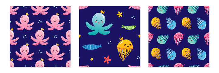 Set, Sammlung von drei Vektornahtlosen Musterhintergründen mit Oktopus, Quallen und Meerestieren für das Design des Meereslebens.