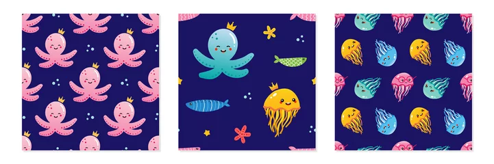 Fototapete Meeresleben Set, Sammlung von drei Vektornahtlosen Musterhintergründen mit Oktopus, Quallen und Meerestieren für das Design des Meereslebens.
