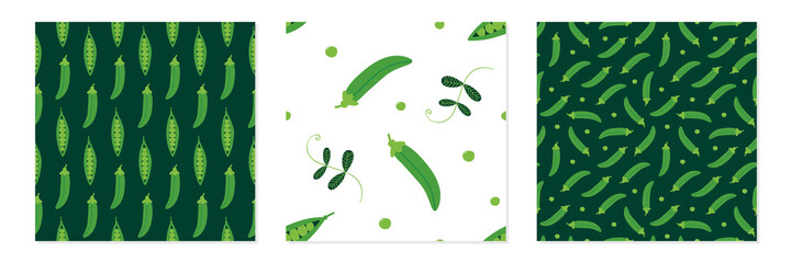 Set, collection of three vector seamless pattern backgrounds with green peas for vegan food, grocery market design.