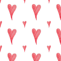 Seamless pattern of watercolor pink hearts. llustration. Hand drawn elements,isolated on white. Wrappers, wallpapers, postcards, greeting cards, wedding invitations, romantic events.