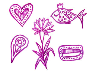 Obraz na płótnie Canvas Hand drawn boho yoga set. Ornamental illustration. Purple zentangle elements. Heart, fish,flower,abstract shapes. Isolated on white