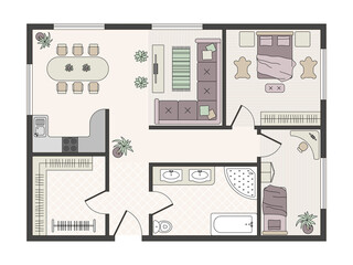 Interior scheme. Top view for modern furniture for decoration interior recent vector building design documents templates