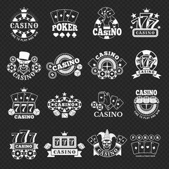 Gambling badges. Casino cards slot machines and dice gambling games stylized symbols recent vector monochrome illustrations set