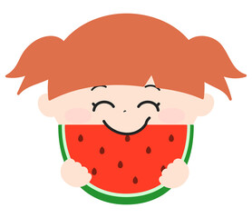 夏休みにかわいい女の子がスイカを食べているイラスト。